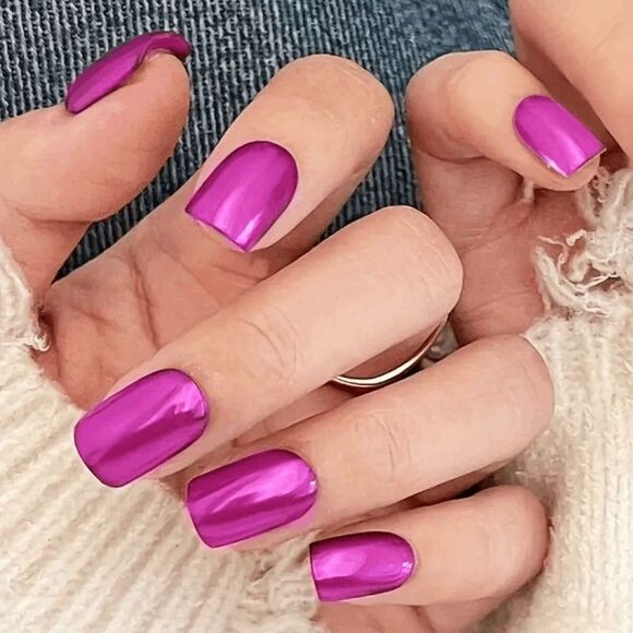 False Nails 24Pc Medium Pink Metallic square tip Press on nails - Picture 1 of 10